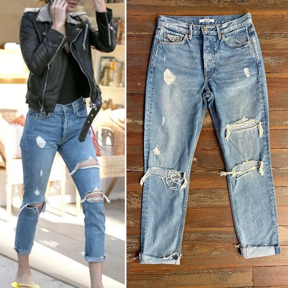 GRLFRND Karolina High Waisted Distressed Frayed Raw Hem Mid Wash Jeans Sz 26 🧡🎀